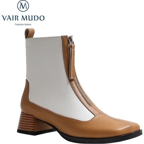 VAIR MUDO New Trend Ankle Boots Shoes Elegant HIgh Heels Genuine Leather Mixed Colors Concise Square Toe Footwear Shoe WM-X118-C