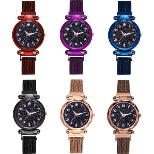 Womens Watches with Starry Sky Quartz Analog Watch Round Dial Watch and Magnetic Mesh Belt Strap