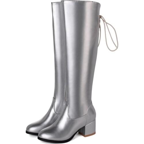 2021 Size 32-45 Winter Women Shoes Knee High Heels 6.5cm Round Toe Platform Elastic Lace Up Botas Mujer Long Snow Boots C19-25