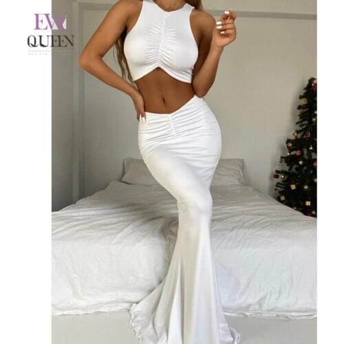 EvaQueen Solid Hollow Out White 2 Piece Sets Women O-Neck High Waist Date Skirt Sets Sleeveless Soft Sexy Party Ensemble Femme