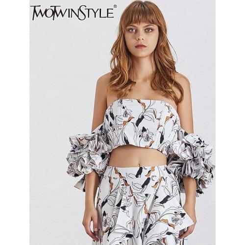 TWOTWINSTYLE Summer Print Shirt For Women Off Shoulder Slim Ruffles Puff Sleeve Crop Tops Female 2020 Fashion Clothes New