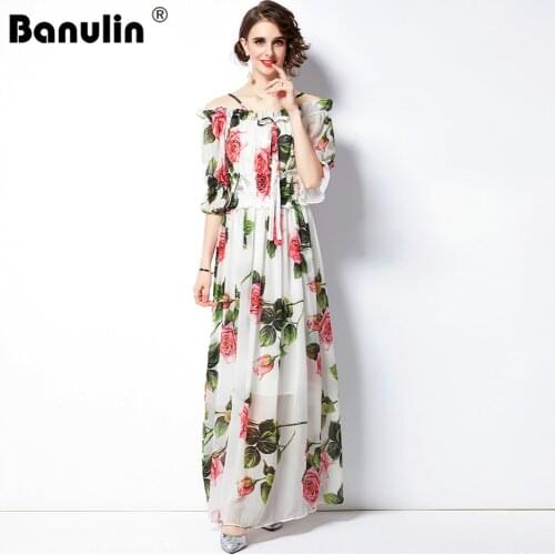 Women Rose Floral Printed Strapghetti Strap Long Dress 2021 Runway Beach Boho Flare Sleeve Elastic Waist Maxi Dress N76634