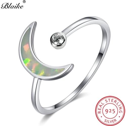 925 Sterling Silver Delicate Moon Ring White Fire Opal Rings For Women Wedding Bands Open Engagement Stacking Ring Band Jewelry