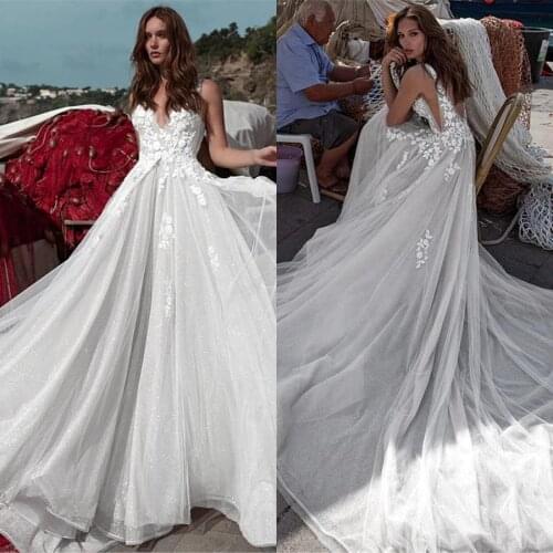 Romantic Deep V-neck Summer Bridal Dress Sleeveless Tulle A-line Sexy Backless Beach Wedding Dresses Lace Wedding Gowns 2021