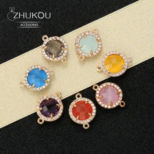 ZHUKOU 12x16mm Brass Cubic Zirconia Round Crystal Connectors for Necklace Handmade jewelry making findings model:VS352