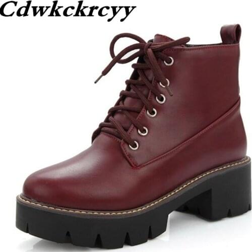 Winter British style High-heeled Thick bottom Martin boots Retro Middle heel Frenulum Student Women Boots plus size 34-43