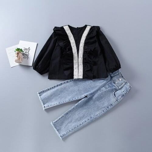 ZWF342 high quality girl clothing set 2020 new autumn fashion tiered ruched shirt + denim pant kid children clothes 2-8 years
