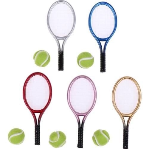 2Pcs/set 1:6 /1:12 Miniature Children Garden Mini Tennis Racket & Ball Gift Doll House Dollhouse Accessories