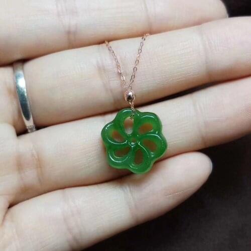 Zhe Ru Jewelry 14k gold inlaid natural Hetian jasper spinach green openwork flower pendant necklace sexy clavicle chain