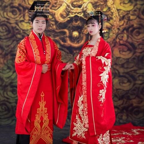 Delicate Embroidery Hanfu Costume Sets for Bride and Groom Ancient Chinese Long Tailed Wedding Hanfu Cosplay TV Play