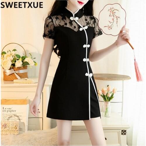 SWEETXUE 2020 Fashion Womens Casual Two-Piece Suit Lace Stitching Cheongsam Disc Button Shorts Set
