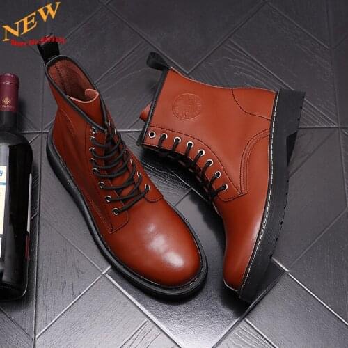 Autumn Fashion Brown Leather Men Martin Shoes Hip Hop Motorcycle Shoes Ankle Boots High Tops Zapatillas Hombre