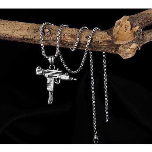 55Cm European American Machine Stainless Steel Color Man Necklace New Uzi Submachine Gun Pendant Chain Jewelry 2021 Trend