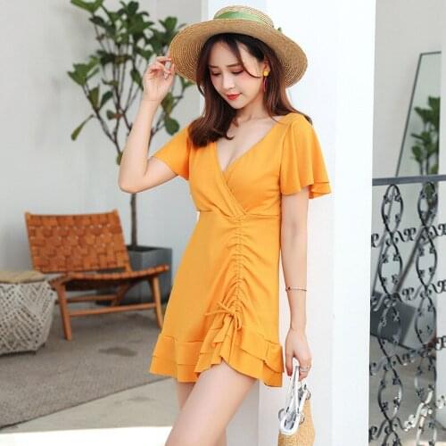 2021 New Skirt One Piece Swimsuit Women Solid Swimwear Push Up Monokini Swim Suit Trikini Pad Bathing Suit Pleated Swimskirt