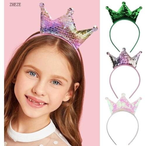 1PC NEW 2021 Rainbow Reversible Sequin Crown Hairbands For Girls Double-Sided Headband DIY Party Hair Accesories For Children