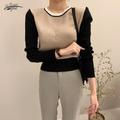 New all-match warm sweate 2021 autumn and winterr Slim slimming sweater contrast color short knit top bottoming shirt 16493