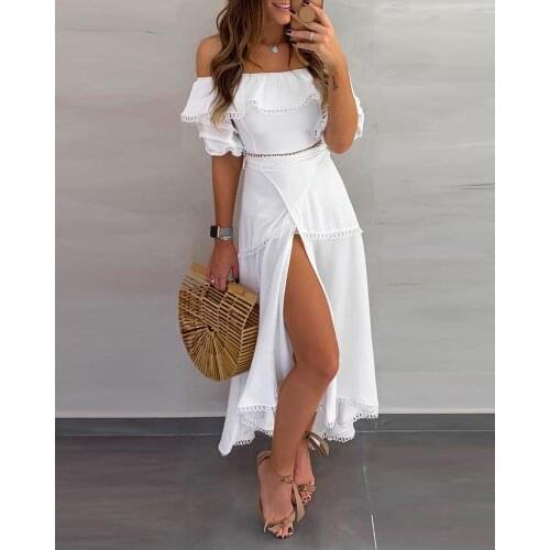 Women Fashion Two-piece Dress Holiday Vacation Dress Flounce Hem Skirt Off Shoulder Ruffle Tops &Split Skirt Sets