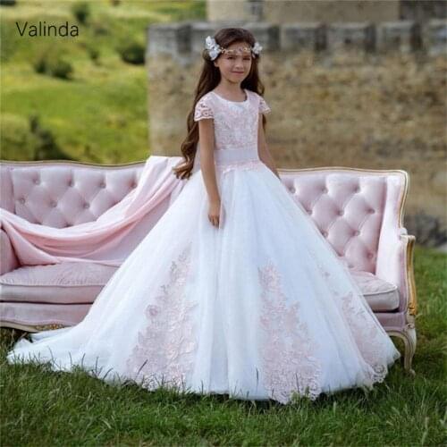 Junior Bridesmaids Dresses White Flower Girl Dresses with Pink Applique Lace Formal Occasion Pageant Gowns