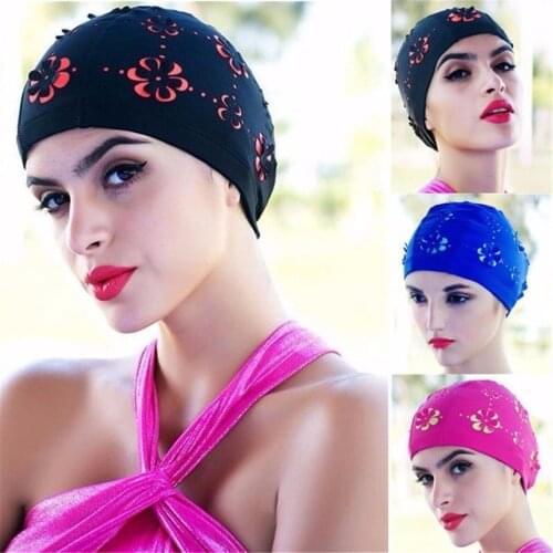 Durable Waterproof Women Adult Swim Cap Polyester Swimming Bathing Floral Hat