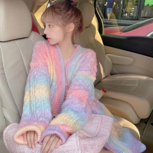 Rainbow Knitted Cardigan Women Autumn Winter Sweet Kawaii Sweater Coat Female Long Korean Button Down Cardigan Fall 2021 w429