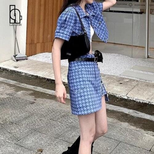 Women Sets Turn Down Collar Mini Plaid Girlish Cool Korean Style Summer 2021 A-line Casual Streetwear Vintage Female Fashion Set