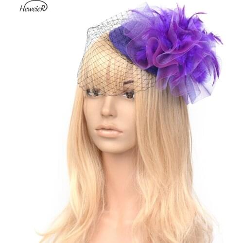 Womens Lady Birdcage Veil Fascinators Mesh Feather Pillbox Hat Hair Clips Headdress Bridal Cocktail Races Wedding Party Headwear