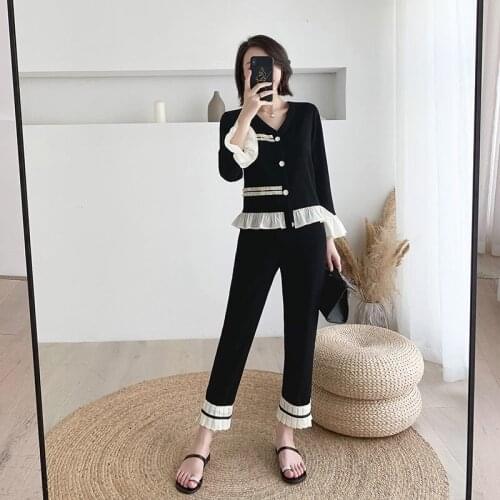 Autumn Knit Sets Women 2019 New V-neck Long Sleeve Cardigan Sweater + Knitted Wide-leg Pants Suits Two-piece Casual Trousers Set