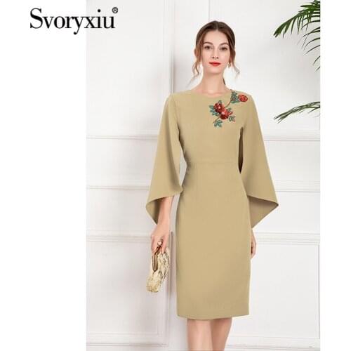 Svoryxiu Fashion Autumn Women Khaki Black Elegant Knee-Length Dress O-Neck Beaded Sequins Diamond Slim High Waist Party Dresses