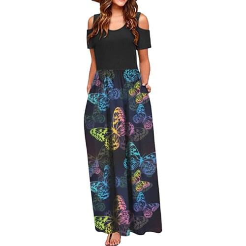 Maxi Dresses For Women Cold Shoulder Butterfly Print Elegant Long Pocket Dress O-neck Short Sleeve Sundress Vestidos De Verano