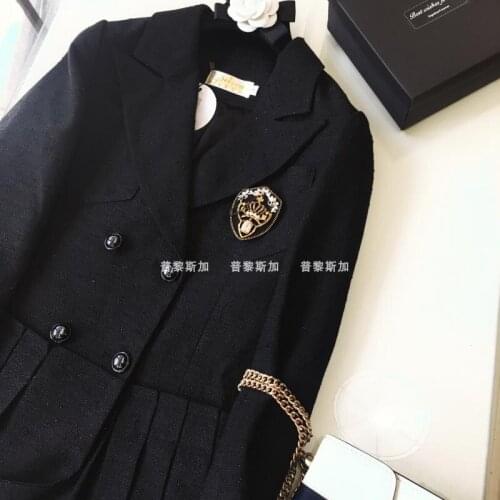 And New the period small sweet wind double breasted tweed woven black pleated dresses suit v neck