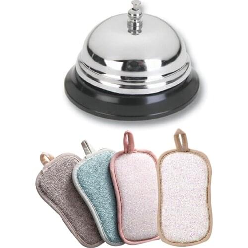 1x Classic Service Concierge Hotel B & B Desk Call Steel Bell & 4x Microfiber Double-Sided Dish Scrub Sponge