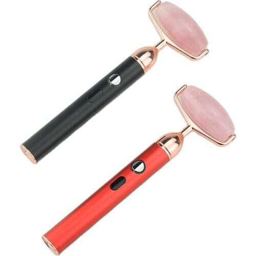 2021 Jade Stone USB Rechargeable Vibration Electric Natural Rose Quartz V Face Lift and Tighten Skin Roller With Detachable Head