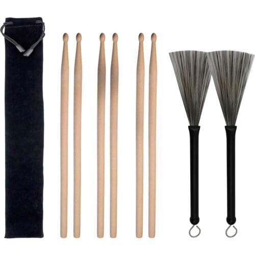 3 Pairs Drum Sticks 5A & 1 Pair Retractable Wire Brushes With A Storage Bag