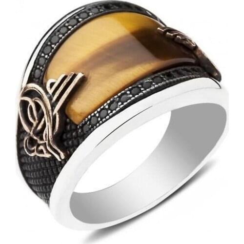 925 sterling Silver Ottoman Tuğralı Tiger Eyes Ring