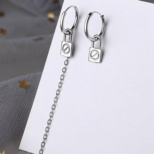 Personality Girl Silver Lock Asymmetric Long Chain Drop Earrings Silver Plated Lucky Earrings For Women Girls Gift
