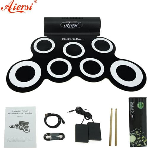 Aiersi Electronic Drum Digital USB MIDI 7 Pads Roll Up Set Silicone Electric Drum Pad Kit With DrumSticks Sustain Pedal