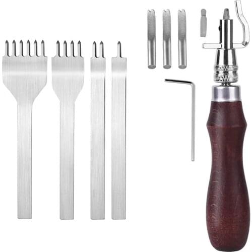 KAOBUY 7in1 Adjustable Leather Groover Tool + Prong Lacing Stitching Chisel Set Leather Craft Tool For Leathercraft Work
