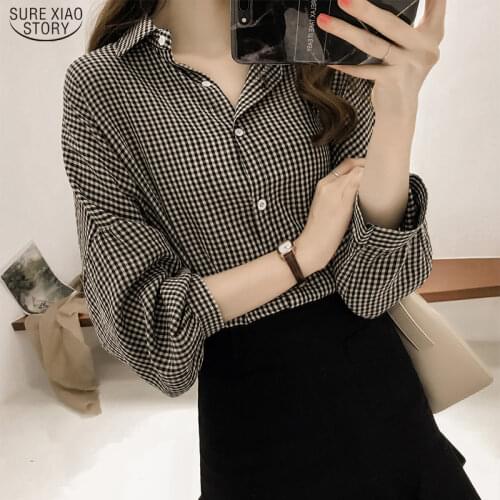 Korean Puff Sleeve Women Tops and Blouse 2021 Spring Plaid Shirt Women Plus Size Office Lady Blouse 4XL Clothes Blusas 8809 50