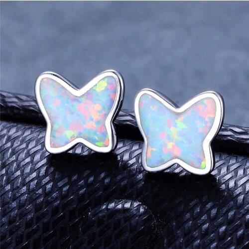 Cute Female Small Butterfly Stud Earrings Vintage silver color Wedding Earrings For Women Boho White Fire Opal Earrings