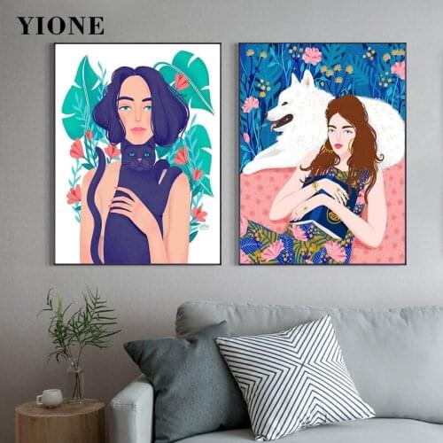 Nordic Girl with Pets Cat Dog Plants Canvas Paintings Custom Woman Animal Posters Prints Wall Art Pictures for Bedroom Living