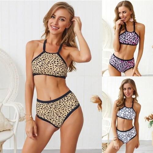 2020 new ladies sexy leopard split swimsuit European and American mid-waist tube top print strap two-piece bikini swimsuit