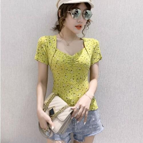 New Women T-shirt Summer 2021 Elegant Fashion Square Collar Short Sleeve Floral Print Slim Cotton Tops Tees High Elastic