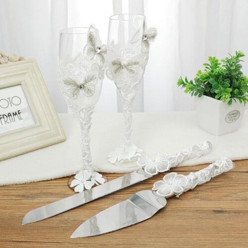 Wedding Party Cake Knife and Spatula Wine Glass Cups Birthday Cake Knives Pizza Pie Server 4pcs Dinnerware Set Anniversary Gift