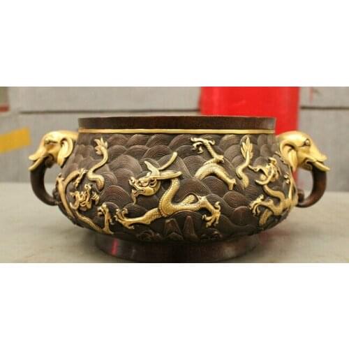 Wholesale factory 12 Chinese Purple Bronze 24K Gold Dragon Statue Old Elephant Bowl Incense Burner 25% off