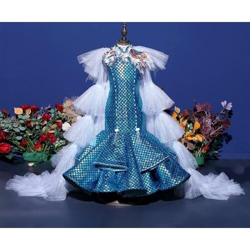 Flower Girl Dresses Illusion Sleeveless High Tulle Lace Pearls Embroidery Princess Floor-Length Trumpet Blue Kid Party Gown H573