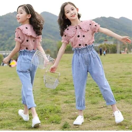 Toddler Girls Clothes Set Summer Short Sleeve T-shirts Loose Jeans Pants Two Piece Tracksuit for Teenage Girl