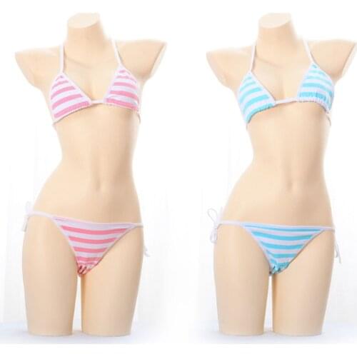 Japanese Lolita Women Underwear Set Kawaii Sweet Pink White Striped Mini Bikini Sexy Adult Cosplay Erotic Costumes Bra Lingerie