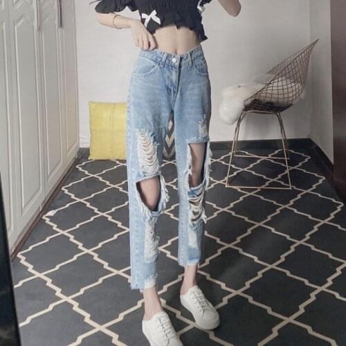 Hong Kong Style pierced jeans womens 2021 spring new loose high waisted SLIM STRAIGHT pants