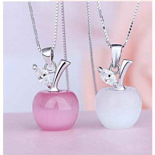 Fashion Single Pendant for Women 925 Sterling Silver Color Opal Crystal Pink Fruit Stone Necklace Chain Collar Jewelry Female