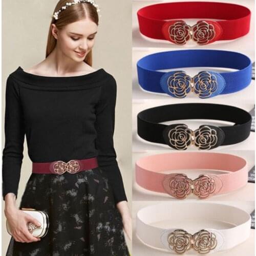 Women Belt Wide Waist Floral Pattern Print Vintage Metal Flower Elastic Stretch Buckle Waistband Elegant Ladies Cummerbunds